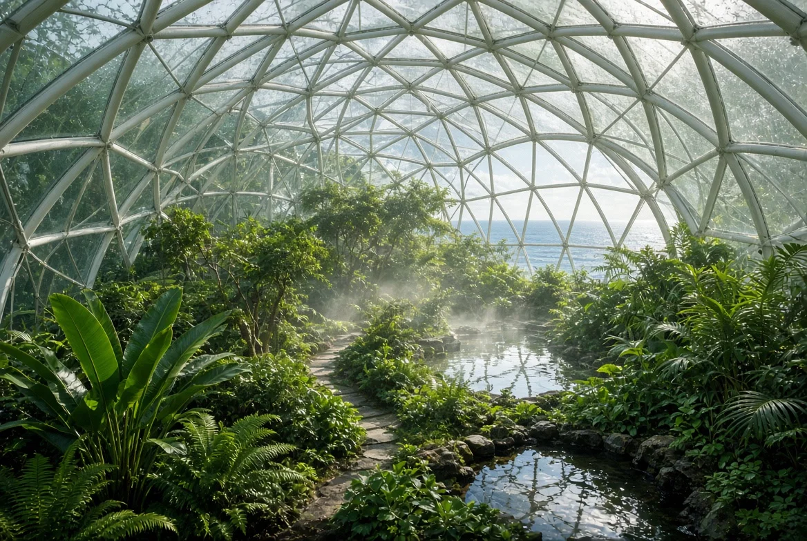 Green biophilic enclosure under a translucent dome