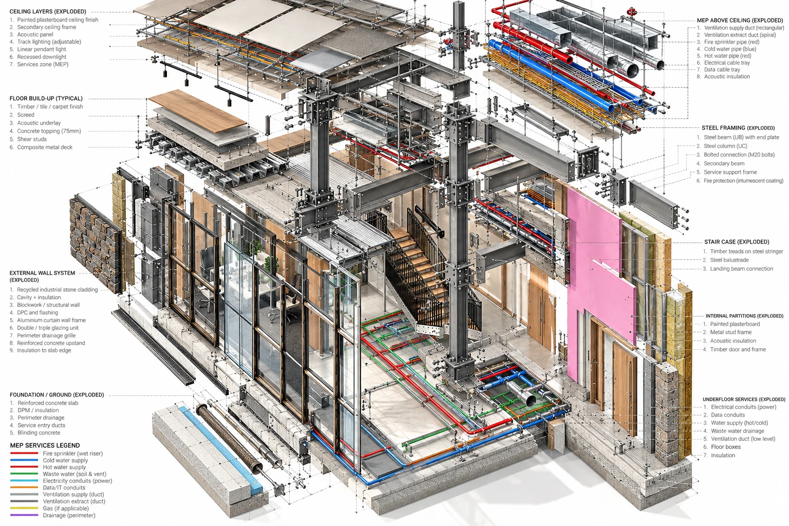 Exploded architectural model showing structure and material layers