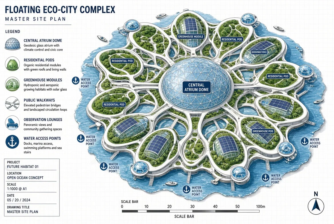 Floating eco-city island masterplan study