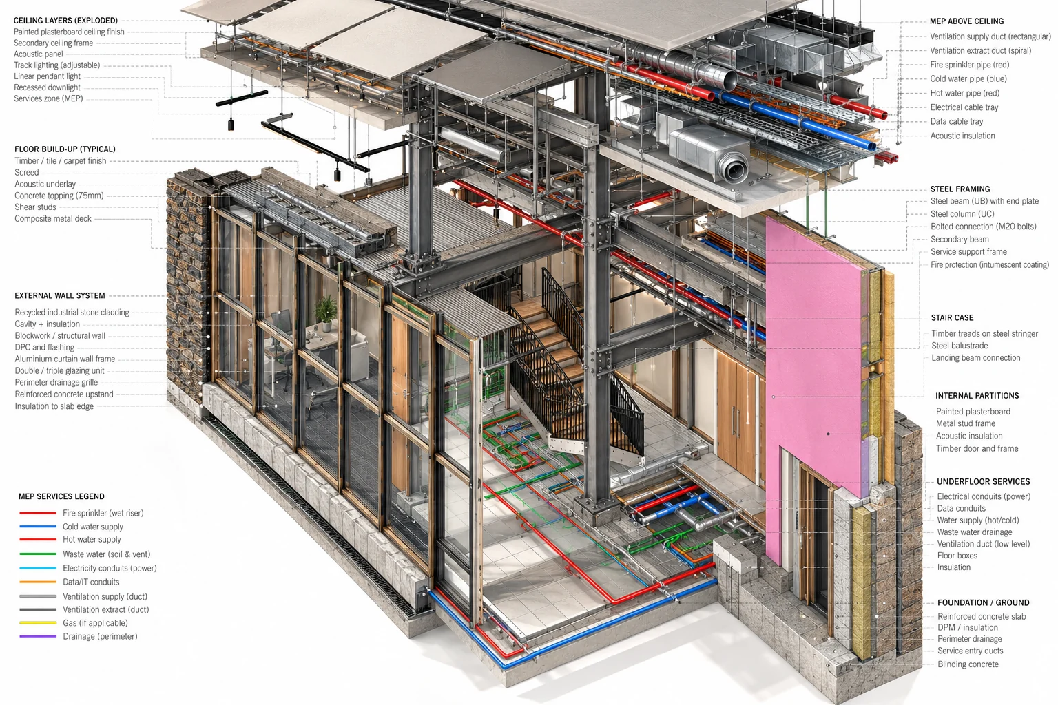 Exploded axonometric building section